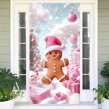 Copertura per porta natalizia da 90x180cm in poliestere rosa a tema natalizio festivo con caramelle pan di zenzero, per decorazioni interne ed esterne, feste e vacanze