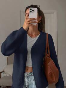 女装秋冬新款法式浪漫淑女休闲森女百搭简约优雅针织开衫上衣 - 藏蓝色 - 查看 1