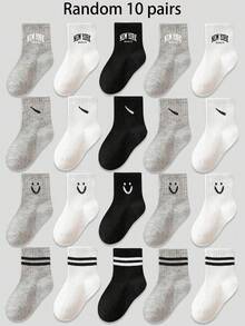 10 Pairs Of Children's Mixed Solid Colors And English Letters Face Parallel Bar Pattern Children's Socks, Unisex Mid-Tube Socks, Suitable For Daily Casual Wear, Random Sports Sock Styles, Breathable And Sweat-Wicking, Versatile And Casual Kids Socks - Multicolor - View 1
