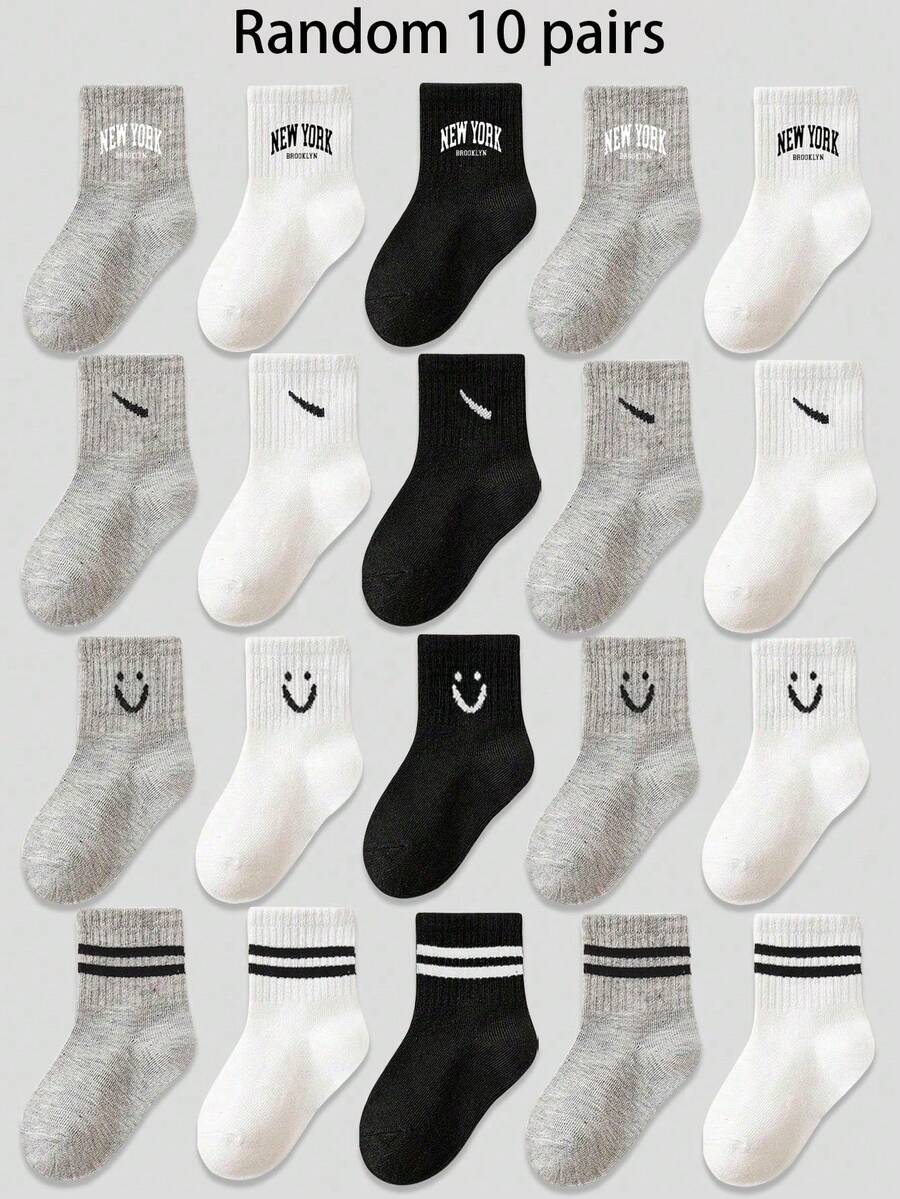 10 Pairs Of Children's Mixed Solid Colors And English Letters Face Parallel Bar Pattern Children's Socks, Unisex Mid-Tube Socks, Suitable For Daily Casual Wear, Random Sports Sock Styles, Breathable And Sweat-Wicking, Versatile And Casual Kids Socks - Multicolor - View 1