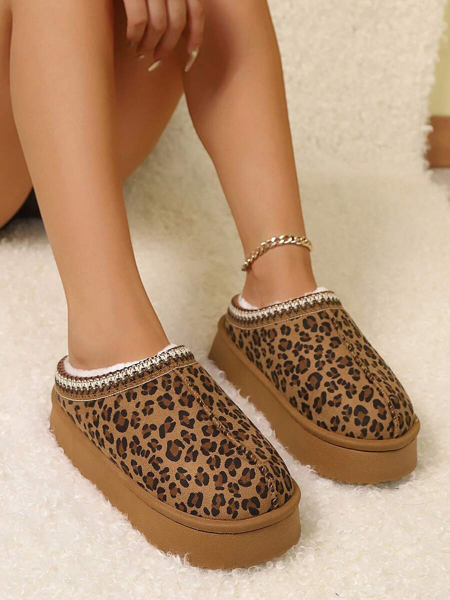 Women's Fluffy Leopard Print Slippers, Cozy Warm Faux Fur Indoor House Slides, Soft Non-Slip Sole Comfortable Bedroom Shoes For Halloween Home - Leopard Print - View 1