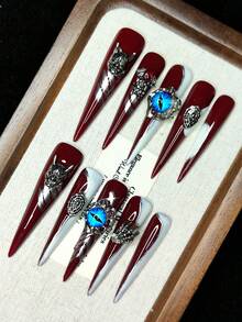 Handmade Wearable Press-On Fake Nails, Blue Demon Eye, Spider Web, Bat, Demon Horn, Skull Claw Design, Fashionable High-End Halloween New Style, Reusable For Girls, Autumn/Winter Fashion Item - Multicolor - View 2