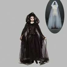 1 Peça Xale Nupcial Branco e Preto, Lenço de Chiffon para Cosplay de Bruxa e Vampira de Halloween, Capa de Dupla Camada para Halloween, Festa de Terror, Fantasia de Carnaval, Roupa de Outono para Mulheres - Multicolorido - Visão 10