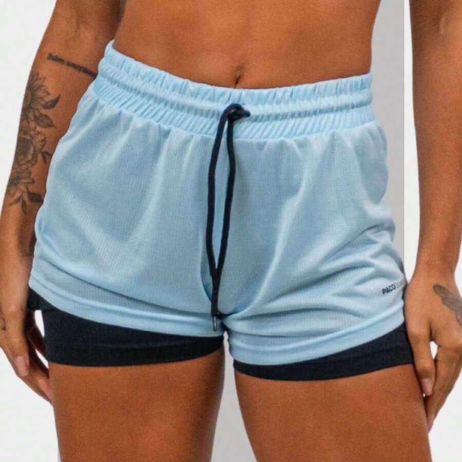 Women's 2 In 1 Dry Fit Gym Shorts Double Fitness Bermuda Shorts Hidden Cell Phone Pocket For Training Walking Tennis And Other Sports - Màu xanh dừa cạn - Xem 1
