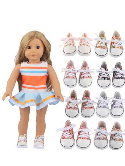 7cm Zapatos de lona con cordones, zapatillas de deporte con estampado floral lindo, zapatos de lona aptos para muñecas americanas de 18 pulgadas y muñecas recién nacidas de 43cm, accesorios de muñecas de algodón y felpa. Regalo para muñecas de niña
