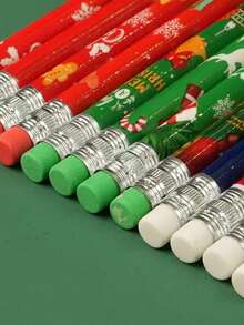 12/24pcs Wooden Christmas Pencils With Erasers, Design Patterns Include Snowman, Santa Claus, Christmas Tree And Snowflake, Suitable As Christmas Stationery Pencils For Office, School And Classroom - Multicolor - View 2