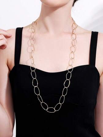 1 pieza Collar largo de cadena de eslabones ovalados lisos y asimétricos de geometría simple, collar de suéter, collar combinable para mujer para fiesta, para vestido diario, para festival