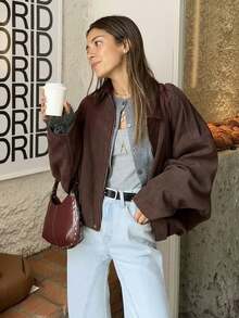 Giacca bomber da donna alla moda, con colletto alla coreana, maniche lunghe, con zip, modello ampio