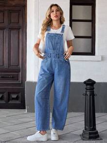 Nuovi salopette di jeans classiche e carine per donna, pantaloni a vita alta larghi a gamba ampia con molteplici tasche pratiche, tessuto morbido adatto a varie occasioni casual come scuola, viaggio, appuntamenti e shopping - Blu lavato medio - Visualizzare 4