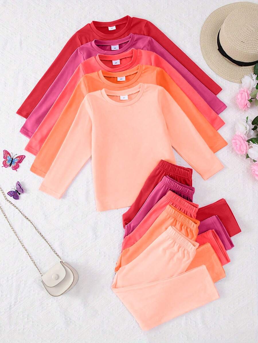 10pcs/Set Girls Casual Solid Color Lightweight Soft Knit Fabric Long Sleeve T-Shirt And Pants Set, Autumn/Winter - Multicolor - View 1