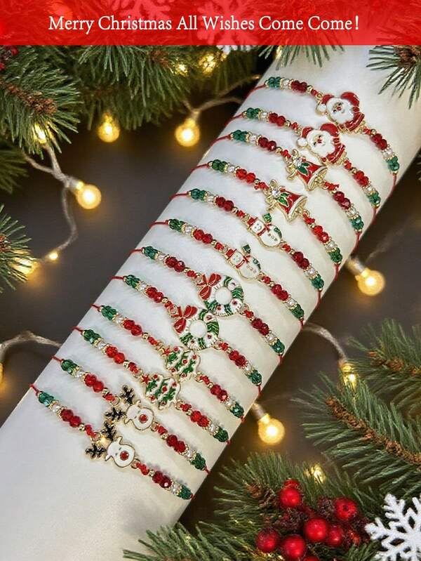 1/6/12pcs Christmas Bracelet Set, Handmade Woven Bracelet Jewelry Set, Christmas Gift, Christmas Elements Include Santa Claus, Christmas Tree, Christmas Wreath, Christmas Bell, Christmas Reindeer, Snowman, Christmas Wreath, Women Layered Bracelets, Bracelet Pendant Accessories, Bracelet Set, Y2K Bracelet, Adjustable Bracelet, Beaded Bracelet, Women Handmade Cord
