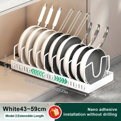 Organizador retráctil de metal para ollas y sartenes | 10 divisores ajustables, estante de almacenamiento para cajones de gabinete de cocina sin taladros, expandible de 43 a 59 cm, organizador de cajones de cocina resistente y de gran capacidad, ideal como regalo de Navidad