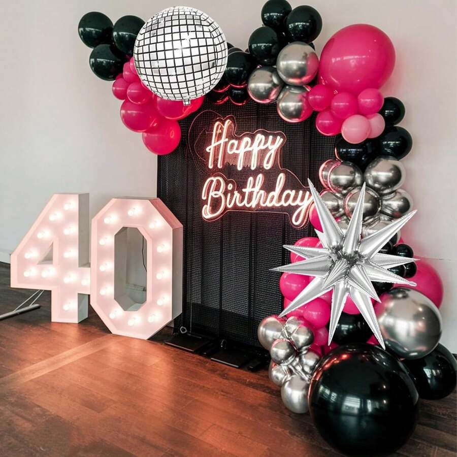 113pcs Disco Balloon Arch Set, Pink And Black Balloon Garland Arch Set, Star Foil And Disco Foil Balloons, Pink Silver And Black Balloons For Birthday 8090 Theme Party Wedding Bridal Shower Anniversary - Multicolor - View 1