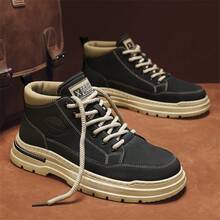 New Men's High-Top Boots, Letter Print, Utility Style, Lace-Up, Metal Eyelets, Suitable For Outdoor, All Season