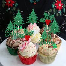 12/24 PCS Christmas Tree OhBaby Cupcake Toppers Glitter Holly Leaves And Berries BabyShower Christmas Cupcake Picks For Christmas Theme Birthday Party Cake Decorations Supplies