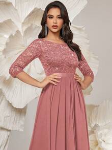 MIUSOL 优雅亮片花卉蕾丝七分袖褶裥雪纺正式派对长裙，正式晚礼服，适合婚礼宾客、毕业典礼、宴会及其他场合，春季款 - 藕粉色 - 查看 8