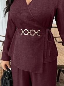 2pcs Plus Size Urban Chic V-Neck Metal Buckle Decor Long Sleeve Set, Solid Color, Palace Style, Suitable For Spring/Summer, Valentine's Day, Elegant Lady, Summer Holiday, Wedding & Events, Outing, Vacation, Beach, Spring Break - Red - View 2