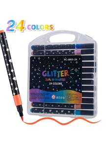 12/24/36/48/60 Colors Children Soft Tip Glitter Markers, Pearlescent Art Drawing DIY Brush Pens, Student Hand Painted Diary Highlighters, School & Office Supplies, Valentine's Day, Thanksgiving, Back To School Decorative Gift (Cover Design May Vary, Minor Surface Scratches Are Normal And Won't Affect Usage)