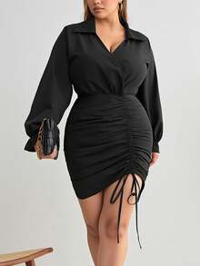 Vestido negro de manga larga talla grande para mujer, vestido casual con cordón en la cintura de unicolor, adecuado para ir al trabajo, citas, vacaciones