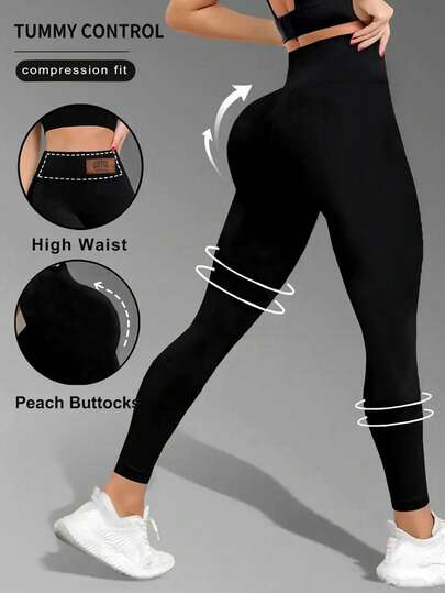 Damskie spodnie do jogi z wysokim stanem, elastyczne legginsy z pasem unoszącym pośladki i modelującym brzuch, wzór etykiety z literami, nieprzezroczysta tkanina, gładka powierzchnia, odpowiednie do ćwiczeń na świeżym powietrzu i jogi, odzież sportowa na lato