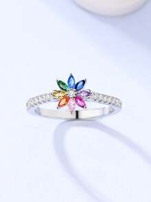 1pc Fashionable & Elegant Colorful Crystal Flower Ring - Silver - View 2