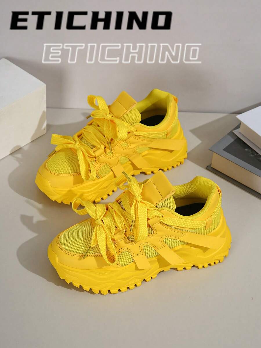 BAOLIANGXIONG Comfortable, Simple And Fashionable Outdoor Leisure Shoes With City-Style Laces. Suitable For Commuting, Fitness, Travel And Everyday Wear. Round-Toe, Low-Cut, Color-Block Design. Versatile And Suitable As A Holiday Gift. Women's Athletic Shoes - Màu vàng - Xem 1
