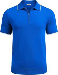 Men's Zipper Polo Shirt Casual Knit Short Sleeve Polo T Shirt Classic Fit Shirts - 寶藍色 - 查看 5