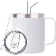 Termo para Cafe de Acero Inoxidable 14OZ,Taza Termica de Asa de 400ML,con Tapa Hermética,2-Pajita y 2-Cepillo de Limpieza,Taza Termica Frio y Caliente Portátil,Vaso de Viaje para Cafe,Té,Agua y Bebidas - blanco - Ver 13
