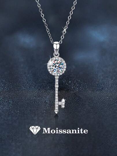 1pc Elegant Luxury 925 Silver 1 Carat Moissanite Key Pendant Necklace, Suitable For Women's Daily Wear, Party, Holiday, Valentine's Day, Mother's Day, Wedding Anniversary, Women's Jewelry Gift
