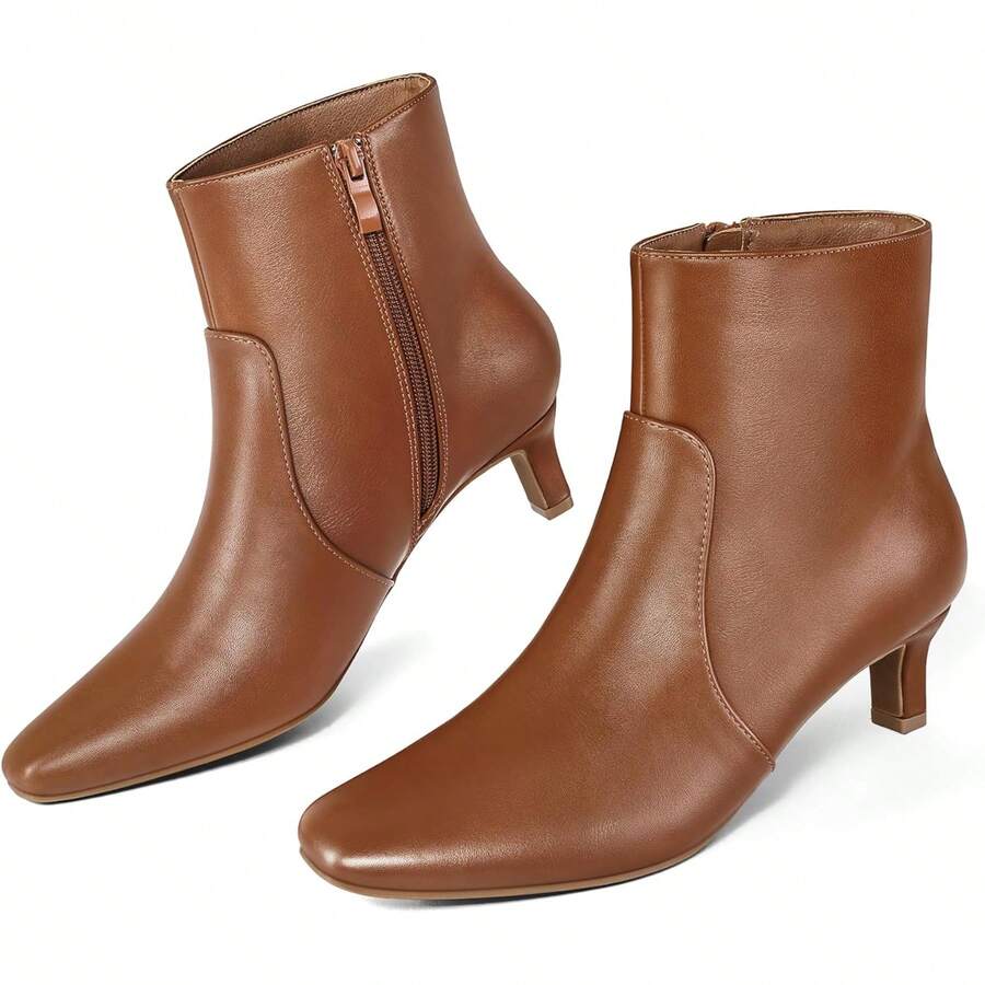 Sexy Square Toe Kitten Heel Booties For Women, Fashion Solid Color Side Zipper Ankle Boots With Faux Leather ,Comfortable Versatile Women Shoes - Caramel Brown - 查看 1