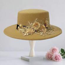 Womens Fedora Hat Stylish Elegant Decorative Flower Panama Hat Wide Flat Brim Jazz Cap - 卡其色 - 查看 3