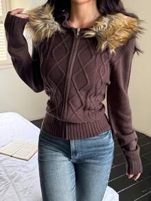 Y2K Casual Street Style Commuting Solid Color Zipper Hooded Patchwork Wool Collar Wool Cardigan Jacket, Suitable For Christmas & Autumn - Brown - View 9