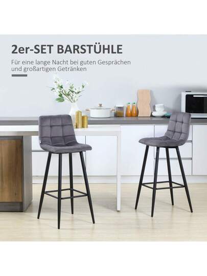 HOMCOM Set Of Bar Stools Kitchen, Moderne Fluwelen Upholstery Steel Legs, Non Slip Caps, Up To 120 Kg, 42 47 105 Cm, Grijs view 4