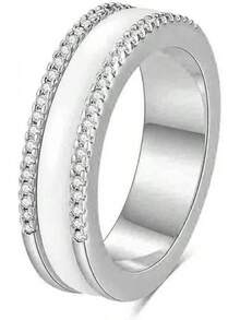 6mm White/Black Ceramic Rings Plus Cubic Zirconia For Women Comfort Fit Engagement Wedding Band Size 5-122025 - 6mm White+Silver - View 1