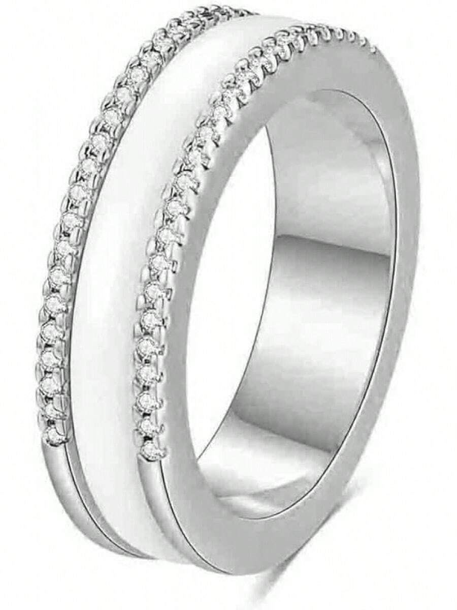 6mm White/Black Ceramic Rings Plus Cubic Zirconia For Women Comfort Fit Engagement Wedding Band Size 5-122025 - 6mm White+Silver - View 1