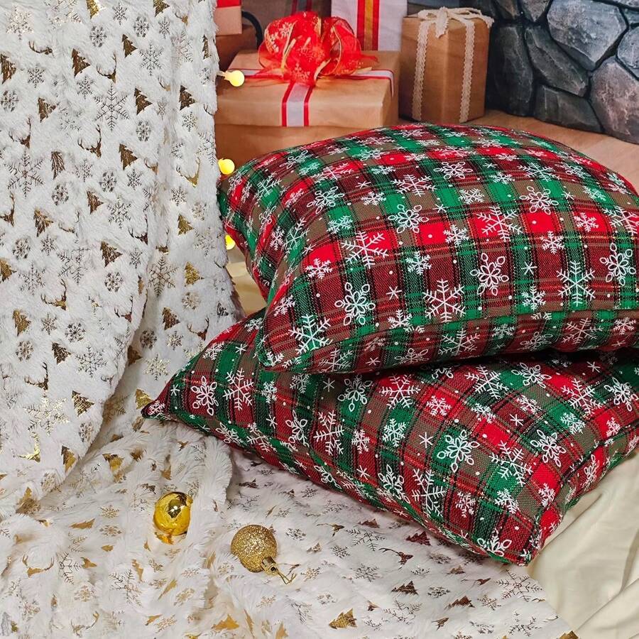 (2 pezzi, 45 x 45 cm, senza anima del cuscino) Federa decorativa per cuscino natalizio a quadri, federa per cuscino scozzese a quadri con fiocchi di neve per divano, decorazione natalizia in stile country - Multicolore - Visualizzare 1