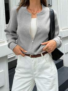 Frühling & Herbst Neue Einfarbige Runder Ausschnitt Reißverschluss Strickjacke für Damen, Weich Koreanisch Elegant Lässig Oversized Pullover, Vielseitig für Ausflüge & Pendeln, Frühling Damen Bekleidung Neujahr - Nebelgrau - Übersicht 2