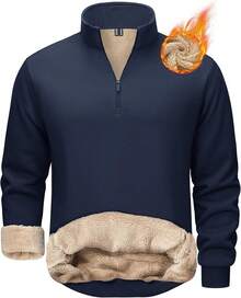 Men's Quarter Zip Pullover Sweatshirts Sherpa Lined Heavyweight Winter Thermal Warm Sweaters, Cozy Fashion - Navy - 查看 1