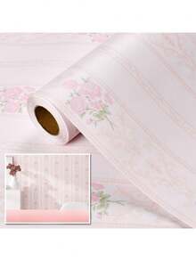 1 Roll Of Thickened Striped Self-Adhesive Wall Decoration Stickers For Living Room And Bedroom TV Background Wall Waterproof And Moisture-Proof Wipeable Wallpaper Wall Paper Wall Stickers Room Decor - Striped White Background With Pink Flowers - View 19