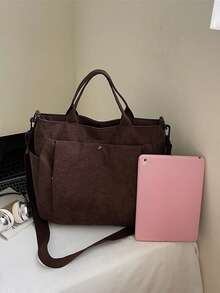 灯芯绒多口袋女士复古手提包，简约单肩/斜挎包，学生书包，办公手提包，大容量可折叠购物袋 - 棕色 - 查看 8