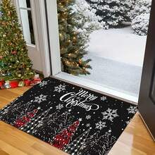 Covoraș de Crăciun 1/2 buc, fundal negru clasic de lux, împodobit cu fulgi de zăpadă albi, covoraș de bucătărie cu model drăguț de om de zăpadă și glob de Crăciun roșu, decorațiune de Crăciun, potrivit pentru decorarea petrecerilor, baie, bucătărie și spălătorie, bucătărie de acasă, utilizare în interior și exterior, decorare interioară