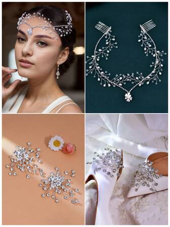 1 Set de Diadema de Cristal Hecha a Mano para Mujer, Juego de Hebillas para Zapatos, Tocado Nupcial, Accesorios para el Cabello, Pendiente para la Frente, Zapatos de Tacón Alto para Boda con Clips de Zapato Desmontables, Accesorios Decorativos para Boda/Baile