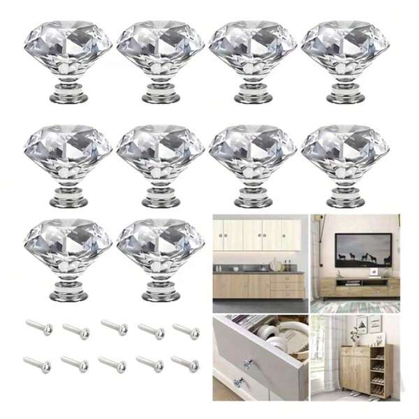 12pcs Crystal Glass Handles For Wardrobe Door Cabinet Drawer Shoe Cabinet Kitchen Cabinet Furniture, Cabinet Door Single Hole 1.18inch, Small Zinc Alloy Handle, Furnitur Accessories