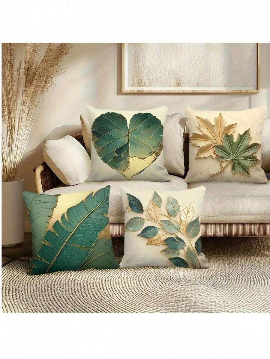 4件装 INS风格 2D数码叶子印花 天鹅绒般柔软的聚酯纤维枕套，隐藏式拉链，无填充物，适用于家居装饰、客厅、抱枕套、靠垫套、沙发装饰枕、家居装饰垫 - 彩色 - 查看 1