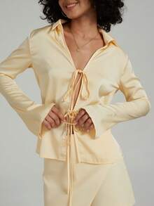 Se-Hore Women's Fashion Solid Color Satin Texture Tie Decor Casual Long Sleeve Cardigan - Light Yellow - View 3