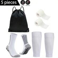 5pcs/Set Football Gear Set, Including Waterproof Drawstring Bag, Anti-Slip Football Socks, Leg Sleeves, Self-Adhesive Sports Bandage, High Leg Sleeves For Youth Sports Training