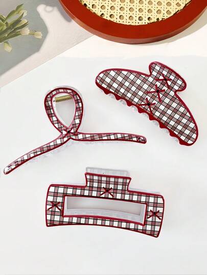 3pcs Elegant Heart & Bow Plaid Hair Clips, Versatile Hairpins For Women Fall Hair Accessories Elegant Claw Clips Winter Hair Claws Fashion Hair Clutch