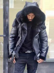 Men's Casual Solid Color Leather Zippered Long-Sleeved Jacket, Autumn, Perfect For Going Out, A Gift For A Boyfriend, College Parties, Sports, Or Street Wear. - 黑色 - 查看 1