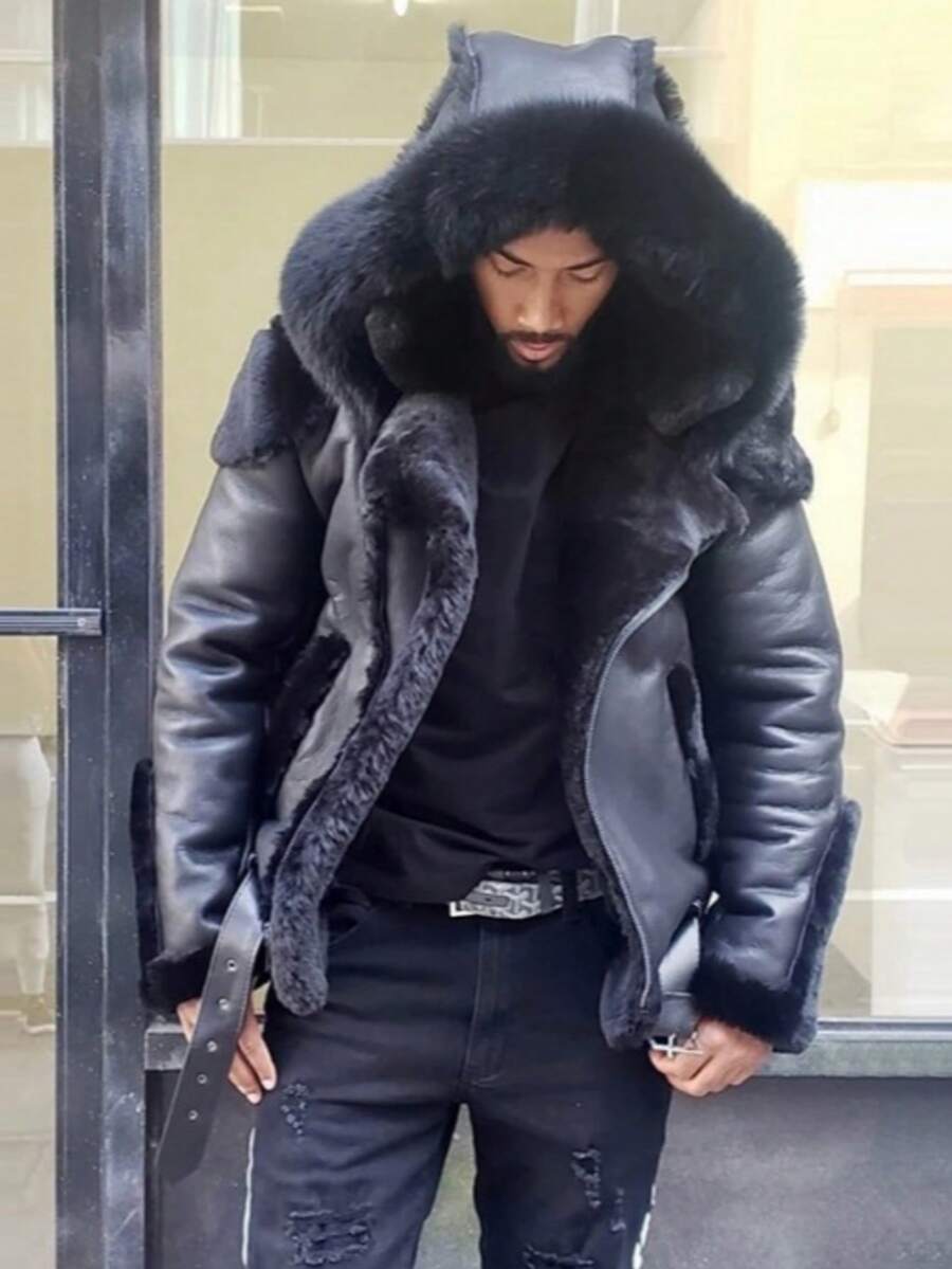 Men's Casual Solid Color Leather Zippered Long-Sleeved Jacket, Autumn, Perfect For Going Out, A Gift For A Boyfriend, College Parties, Sports, Or Street Wear. - 黑色 - 查看 1