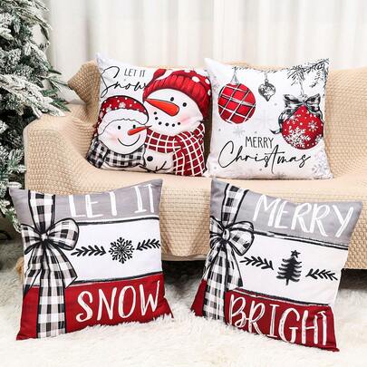 4 件圣诞枕套、圣诞涤纶方形靠垫套、圣诞格子蝴蝶结雪人设计、圣诞柔软抱枕套，适用于家居装饰、圣诞装饰、卧室装饰、圣诞沙发椅装饰、圣诞礼物、圣诞礼物装饰、装饰、圣诞快乐派对装饰、圣诞派对用品、冬季装饰、圣诞派对礼品（不含枕芯）